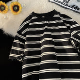 Voguable 90s streetwear Japanese Striped Short-Sleeved T-shirt Men's Summer Loose Casual Retro Niche Versatile Cotton round Neck Bottoming T-shirt voguable